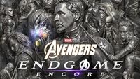 Poster for Avengers Endgame Encore, featuring a silver statue of all the superheroes including Iron Man and Black Widow