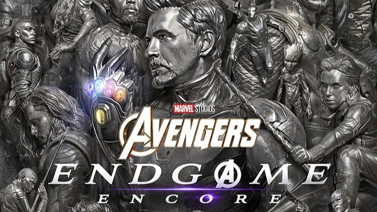 Poster for Avengers Endgame Encore, featuring a silver statue of all the superheroes including Iron Man and Black Widow