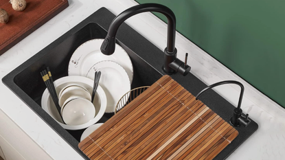 Teak wood over-the-sink drying rack.