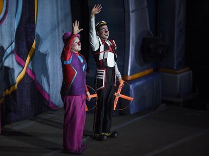 Clowns say goodbye during the final Ringling Brothers performance.
