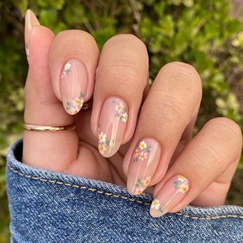 24pcs French Tip Press on Nails &amp;ndash; Almond Shape Fake Nails With Small Daisy Flower Design &amp;ndash; Medium Length Floral False for Women Spring &amp;amp; Summer Style