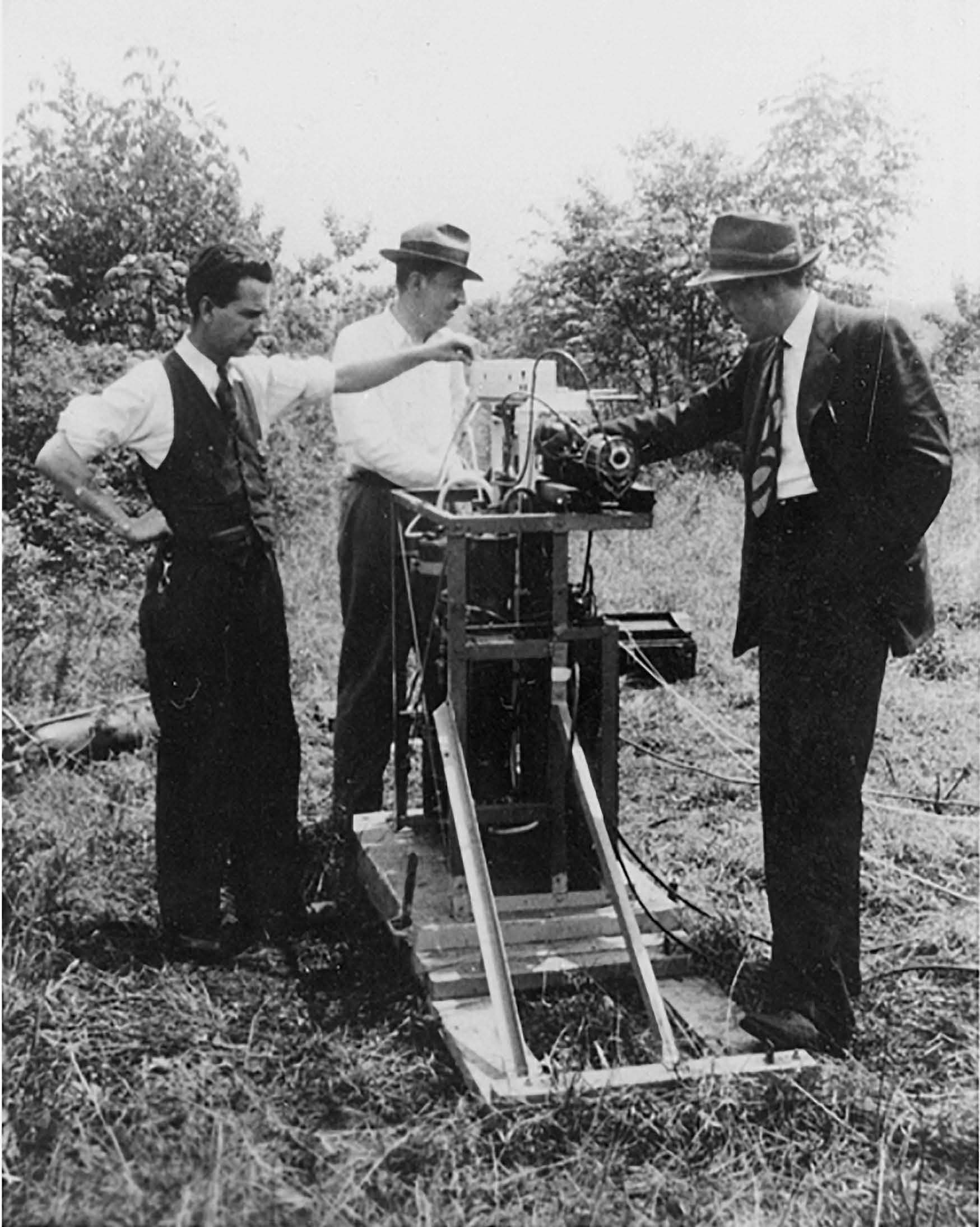 The American Rocket Society tested the M15-G1 rocket engine in June 1942. From left: Hugh Pierce, John Shesta and Lovell Lawrence, who would go on to become three of the founders of Reaction Motors Inc.