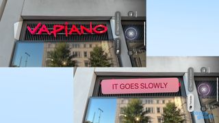 A restaurant named "Vapiano" being translated by Apple Visual Intelligence as "It goes slowly"