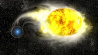This artistic visualization shows a blue star stripping the hydrogen away from a yellow supergiant star.