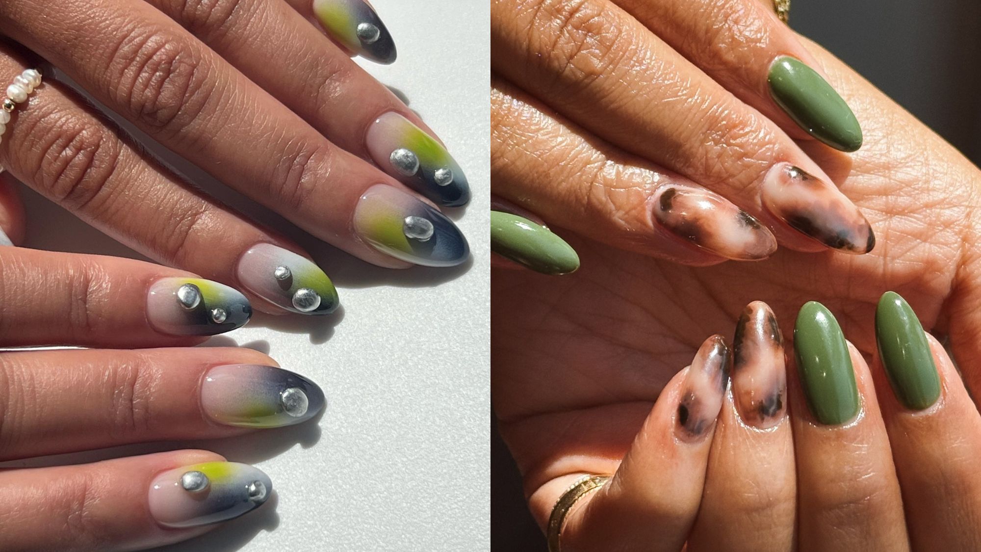 Side-by-side images of sage green nails with metallic 3D accents and tortoiseshell print.