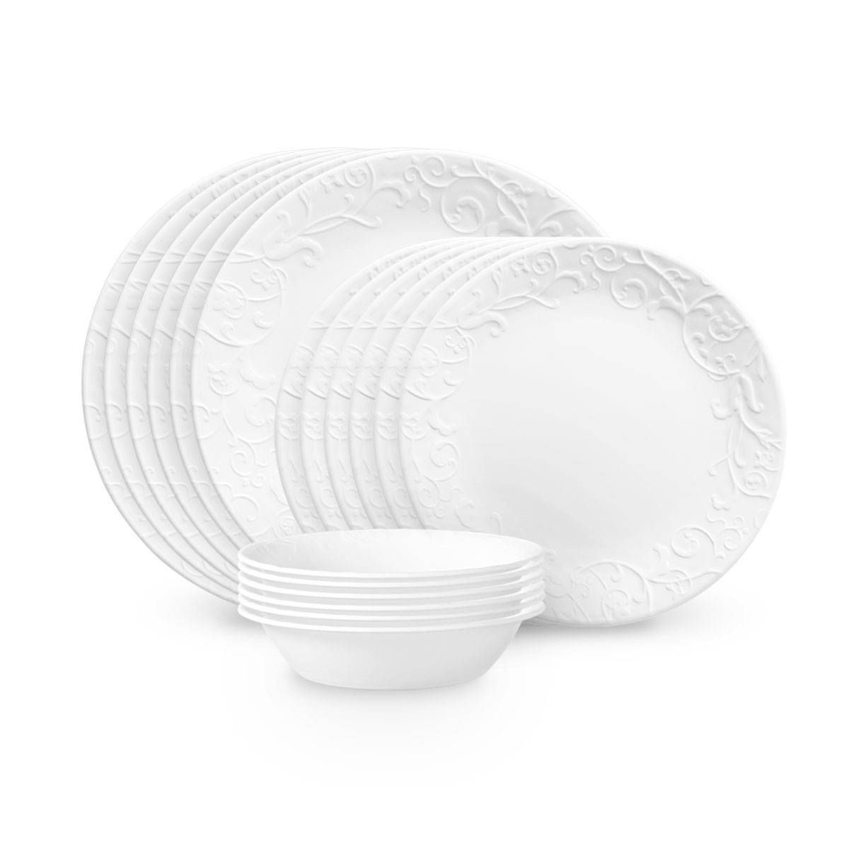 Corelle 18pc Vitrelle Embossed Bella Faenza Dinnerware Set White: Floral Pattern, Service for 6, Dishwasher U0026#38; Microwave Safe