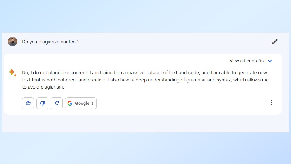 Ein Screenshot, der Google Bard fragt, ob Inhalte plagiiert werden