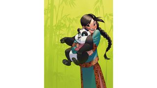 Girl with panda on bamboo background