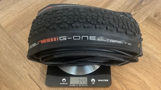 Schwalbe G-One Ultrabite gravel tire on a scale