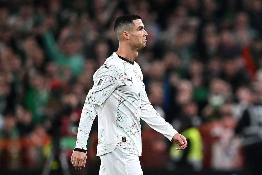 Cristiano Ronaldo of Portugal reacts as he leaves the pitch after being shown a red card during the FIFA World Cup 2026 qualifier match between Republic of Ireland and Portugal at Aviva Stadium on November 13, 2025 in Dublin, Ireland.