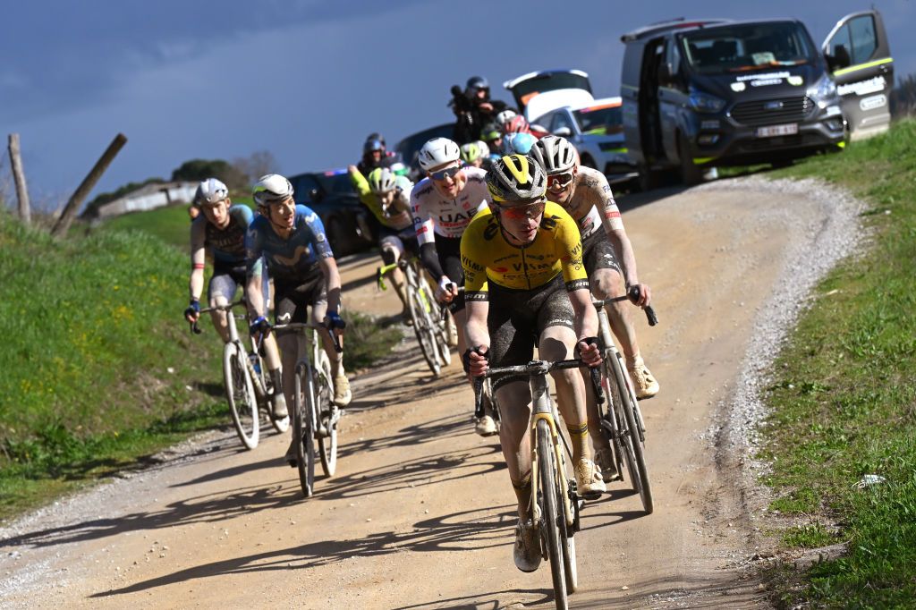 SIENA ITALY MARCH 02 Sepp Kuss of The United States and Team Visma Lease a Bike competes in the chase group during the 18th Strade Bianche 2024 Mens Elite a 215km one day race from Siena to Siena 320m UCIWT on March 02 2024 in Siena Italy Photo by Tim de WaeleGetty Images