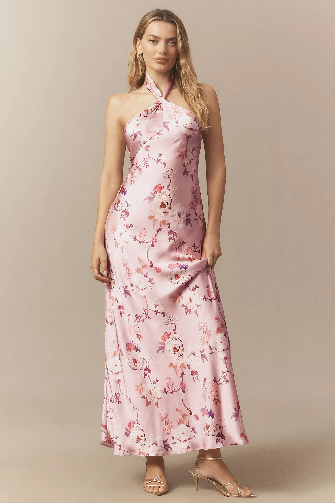 Bhldn Selma Halter-Neck High-Shine Satin Maxi Dress
