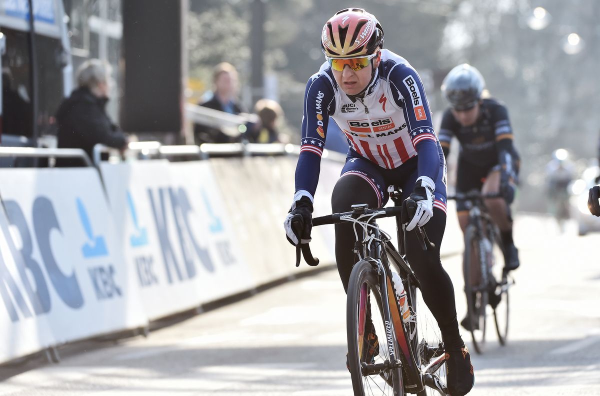 US champion Megan Guarnier (Boels-Dolmans) crosses the line