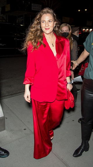 Drew Barrymore is seen arriving to Christian Siriano Fashion Show during New York Fashion Week on February 12, 2022 in New York City
