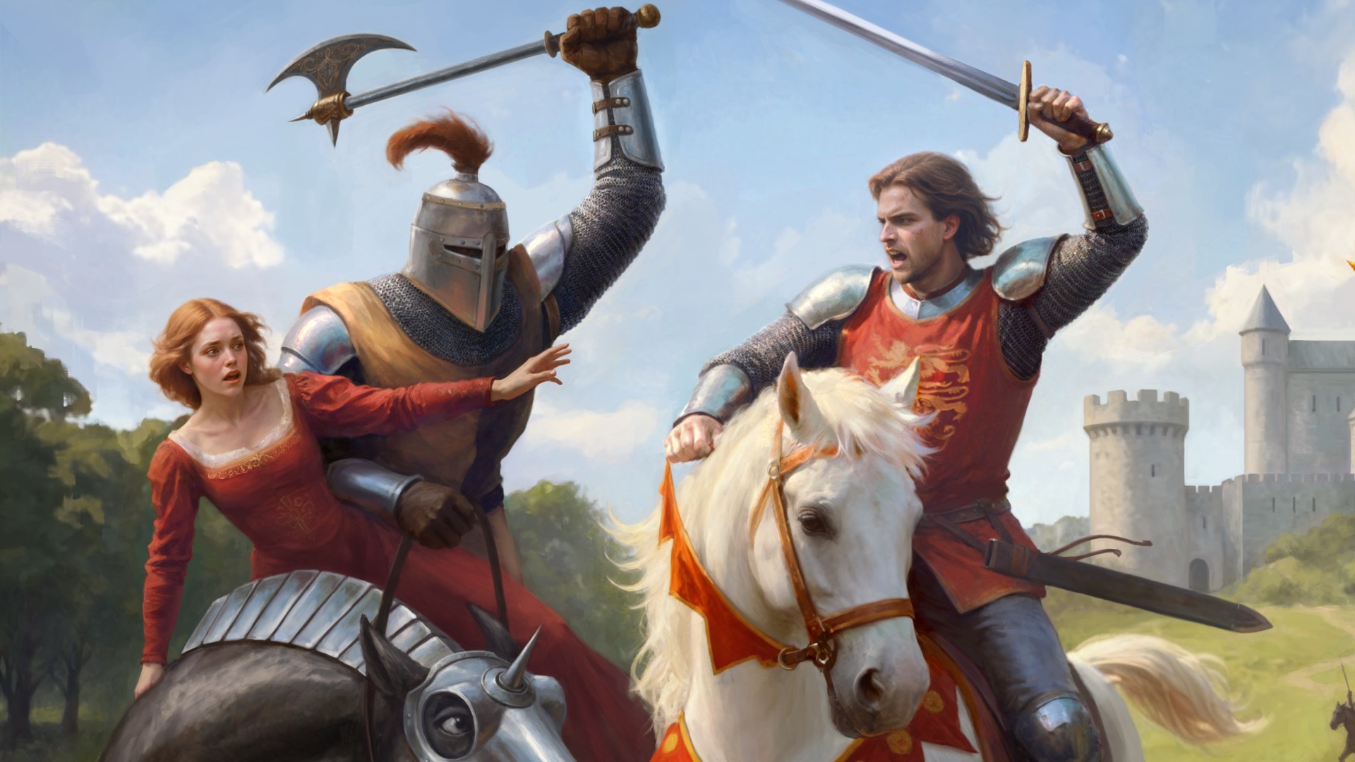 Two knights fighting. One, armoured in black, has abducted a noblewoman.