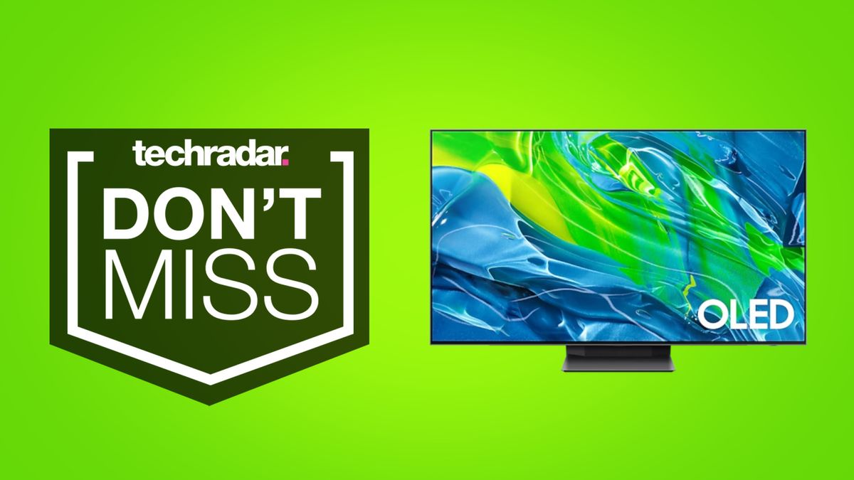 Samsung S95B OLED TV on bright green background with &#039;dont miss&#039; text overlay