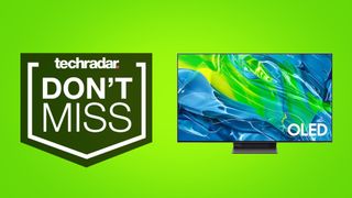 Samsung S95B OLED TV on bright green background with 'dont miss' text overlay
