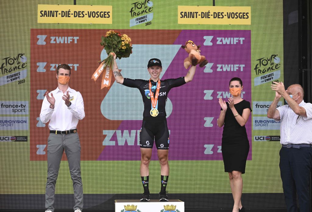 Team DSMs Dutch rider Lorena Wiebes celebrates on the podium after winning the 5th stage of the new edition of the Womens Tour de France cycling race 1756 km between BarleDuc and SaintDiedesVosges eastern France on July 28 2022 Photo by Jeff PACHOUD AFP Photo by JEFF PACHOUDAFP via Getty Images