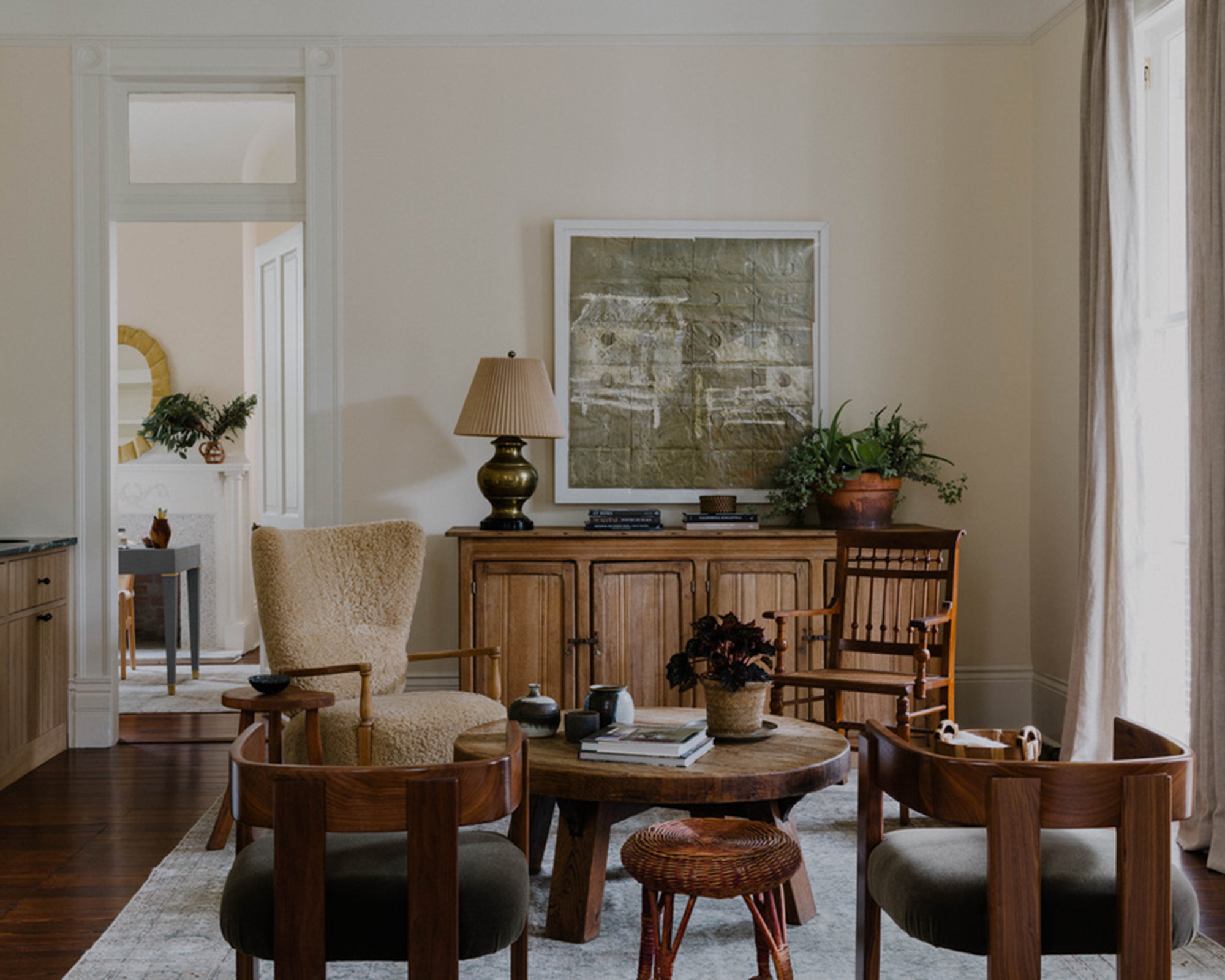 living room with eclectic mix of wooden seating