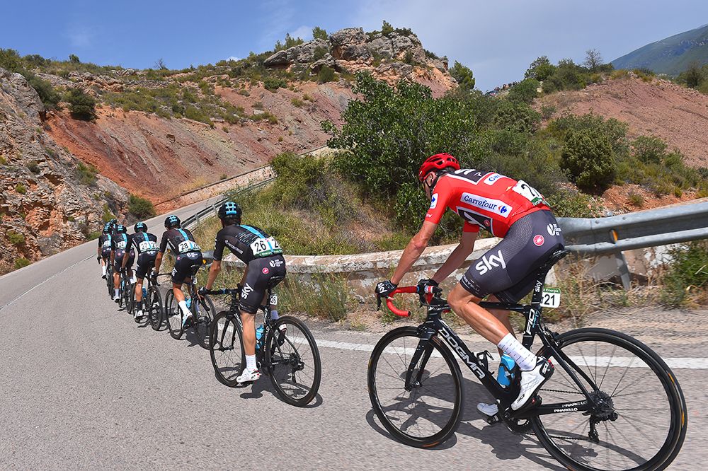 Chris Froome rides at the back of the Team Sky train during stage 7 at the Vuelta