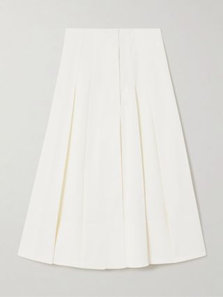 White Pleated Cotton-Blend Twill Midi Skirt