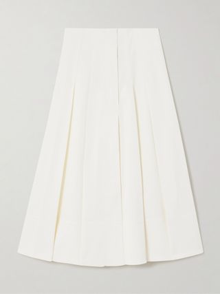 White pleated cotton-blend twill midi skirt