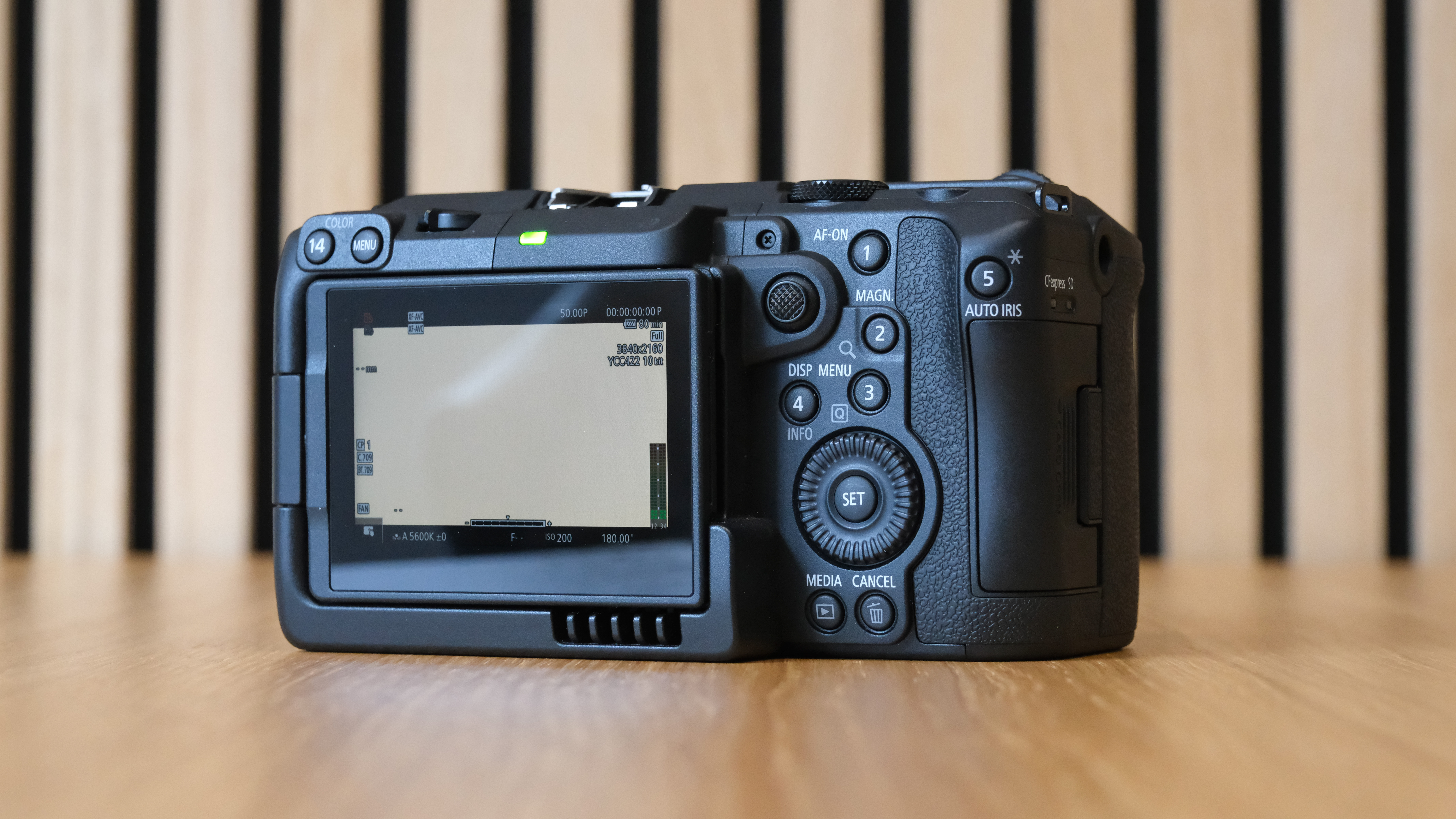 Canon EOS C50 against a striped wooden background