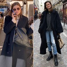 A collage of two looks from French editor and writer Eugenie Trochu wearing a maxi pinstripe coat, crossbody bag, long black faux fur coat, ripped jeans and black boots