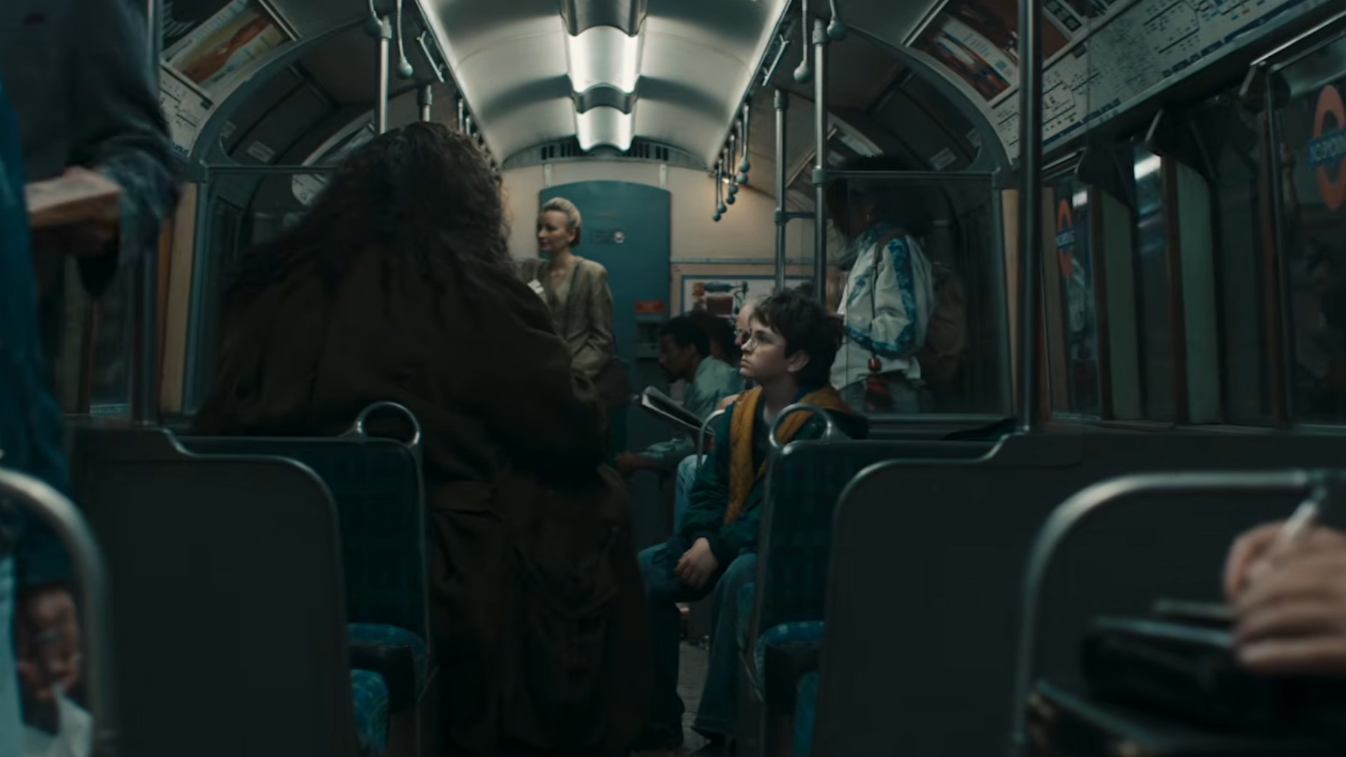 Harry and Hagrid on the tube during the trailer for the Harry Potter series.