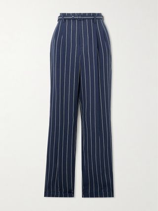 Stamford Belted Pleated Pinstriped Linen and Cotton-Blend Straight-Leg Pants
