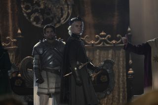 Fabien Frankel as Ser Criston Cole, Tom Glynn-Carney as Aegon II Targaryen, in 'House of the Dragon'