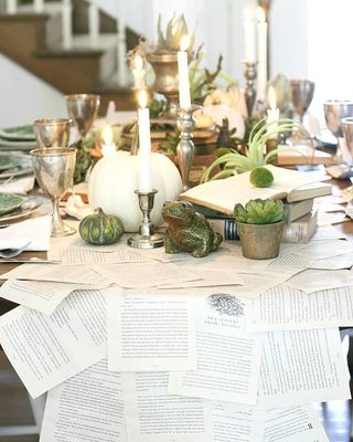 Halloween tablescape with book pages