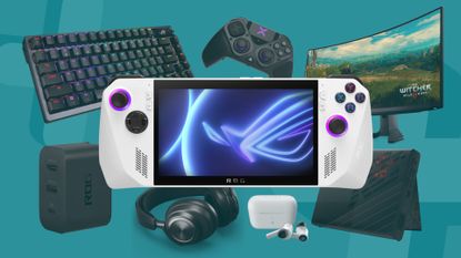 Asus ROG Ally and accessories on a light blue background