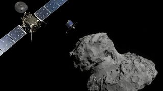 Rosetta mission poster showing the deployment of the Philae lander to comet 67P/Churyumov–Gerasimenko. 
