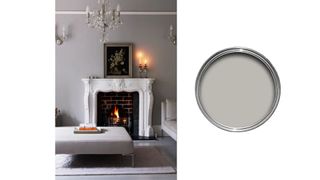 Farrow & Ball Pavilion Grey used in an elegant living room, with a pot of the paint next to it