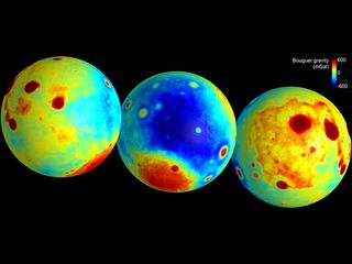 These maps of the moon show gravity anomalies measured by NASA's GRAIL mission.