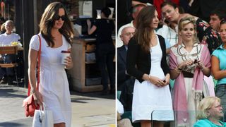 Composite of Pippa Middleton wearing an Issa dress in 2011 and Kate Middleton wearing the same style of dress in 2008