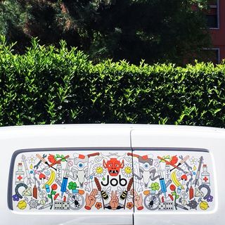 Colourful artwork on white van