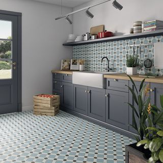 Kitchen floor tile ideas with blue geometric tiles