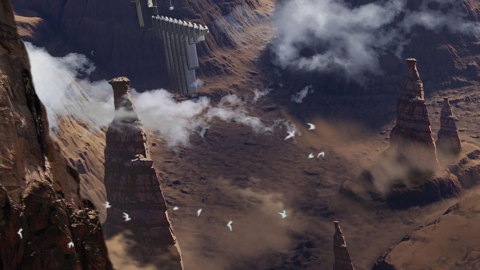 A 3D render of a fantasy landscape, a castle and canyon