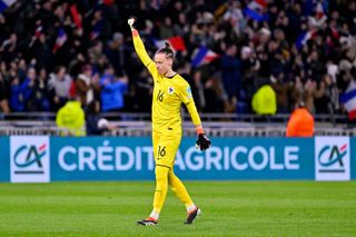 Pauline Peyraud-Magnin of France celebrates after Sakina Karchaoui of France scores her team's second goal from the penalty spot during the UEFA Women's Nations League Semi-Final match between France and Germany at OL Stadium on February 23, 2024 in Decines-Charpieu, France.