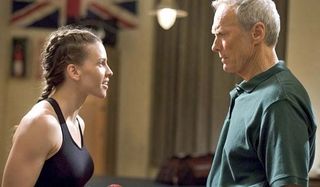 Million Dollar Baby Hillary Swank Clint Eastwood facing off during training
