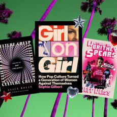 a collage of books about 2000s pop culture against a backdrop of palm trees