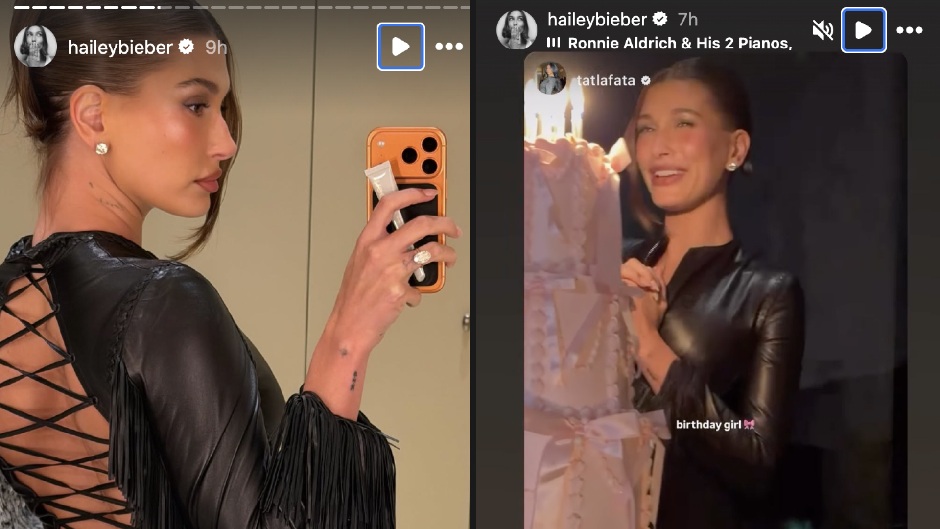 Hailey Bieber with a sleek French twist hairstyle. She is wearing a leather top in the left picture and is about to blow out her cake candles on the right.