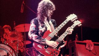 Jimmy Page performing in 1975 with his Gibson EDS-1275 double-neck. Gibson Custom is releasing the Jimmy Page EDS-1275 VOS in December 2024