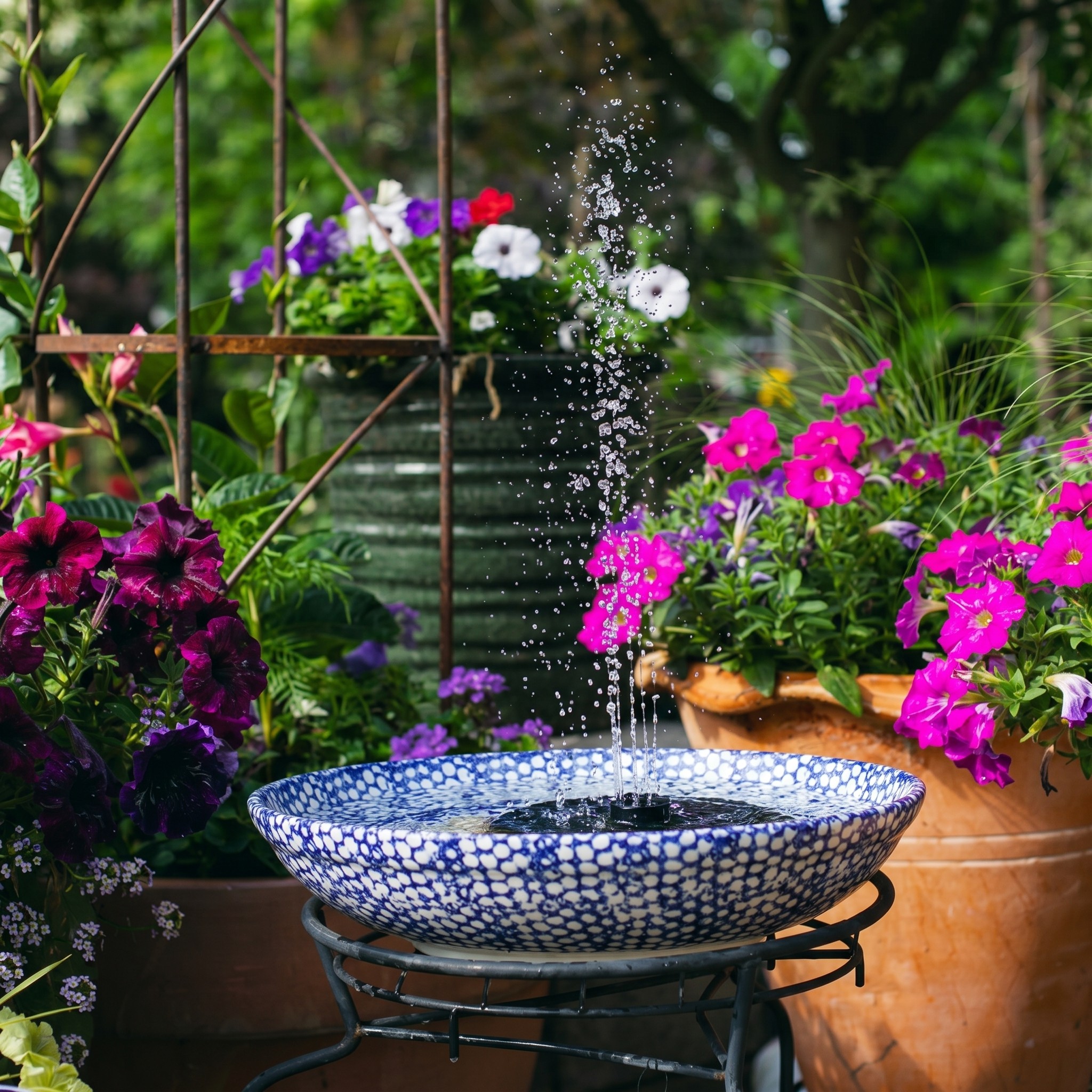 Garden water feature made from a container and a solar powered floating water fountain