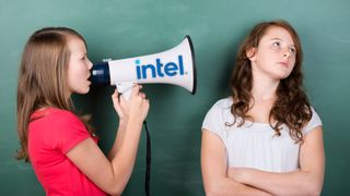 A girl shouting through a megaphone labeled 'Intel' at a second, unbothered girl.