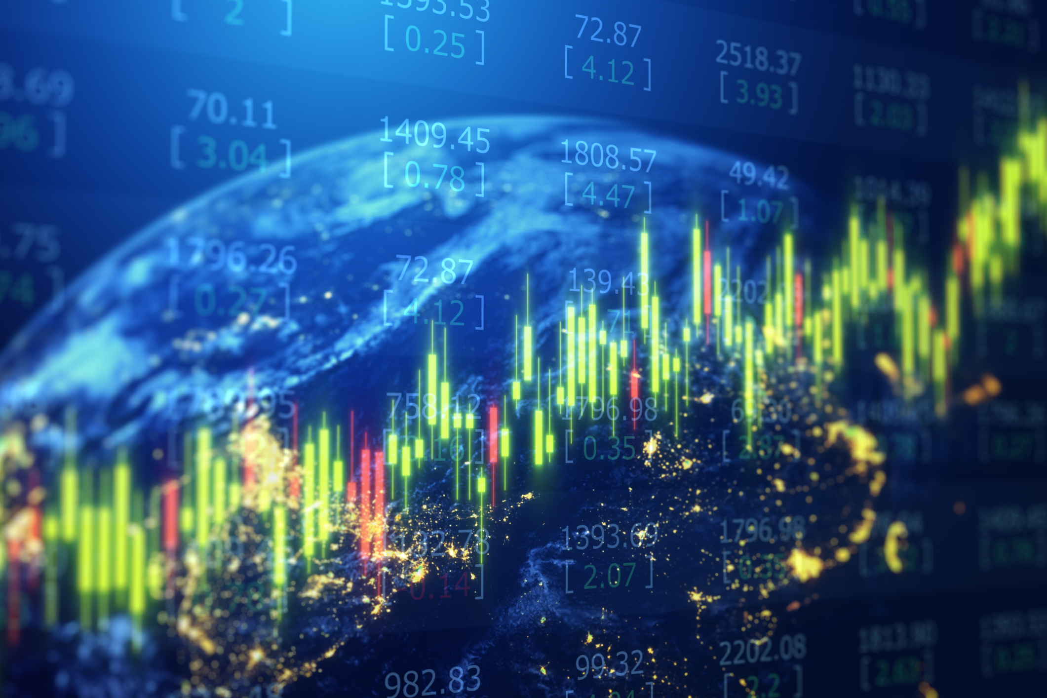 Global business stock market rising chart and financial data numbers.