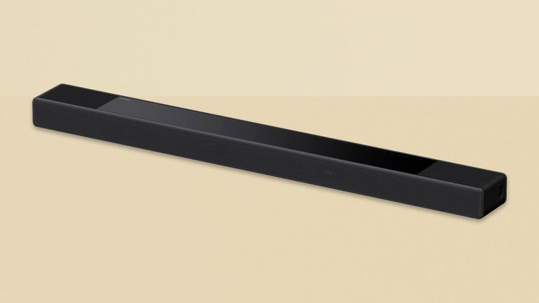 Sony HT-A7000 review, soundbar is sitting on a yellow background