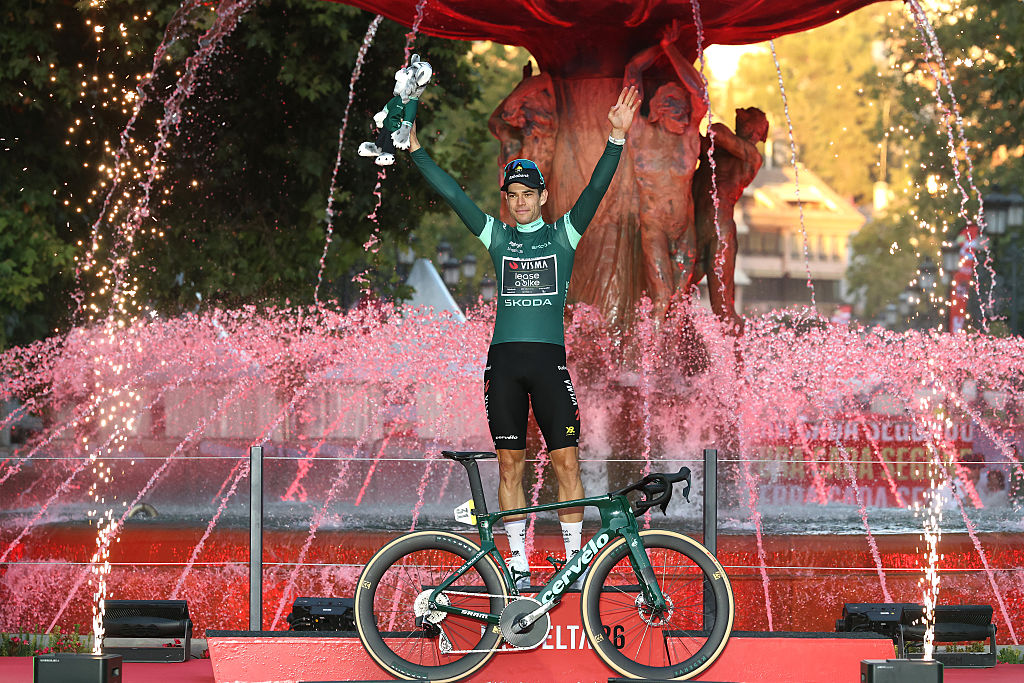 GRANADA, SPAIN - SEPTEMBER 13: Wout Van Aert of Belgium and Team Visma | Lease a Bike celebrates at podium as Green points jersey winner during the La Vuelta - 81st Tour of Spain 2026, Stage 21 a 112km stage from Granada to Granada / #UCIWT / on September 13, 2026 in Granada, Spain. (Photo by Alexander Hassenstein/Getty Images)